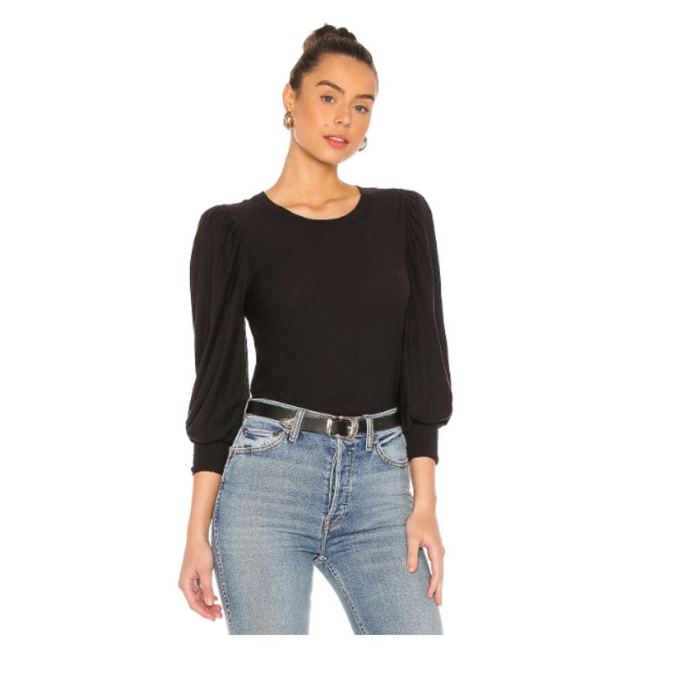 Nation LTD Loren Smocked‎ Puff Sleeve Peasant Tee Black Size Small